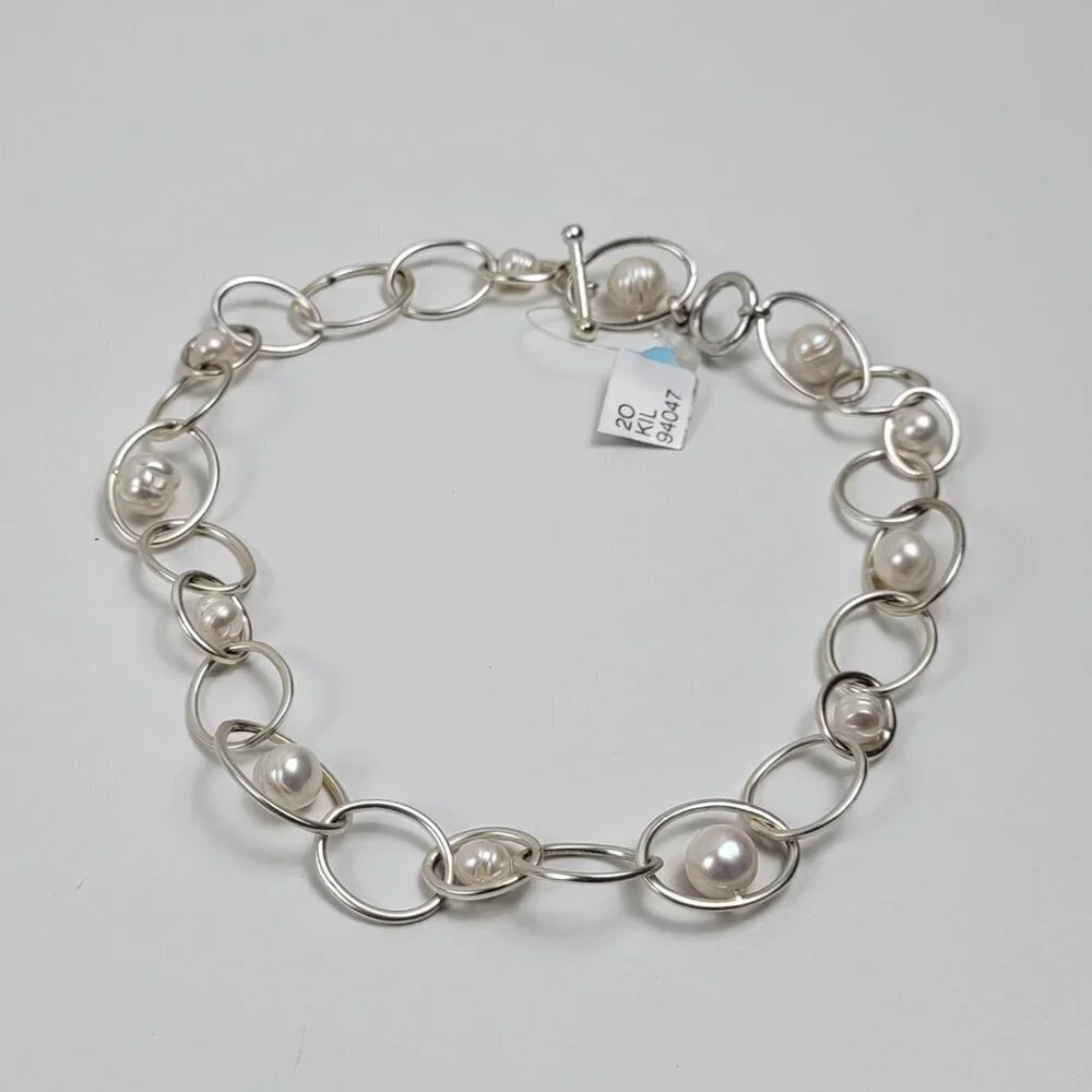 Karine Sultan Floating Pearl Necklace Silver-Tone Geometric Link 19 Inch Toggle
